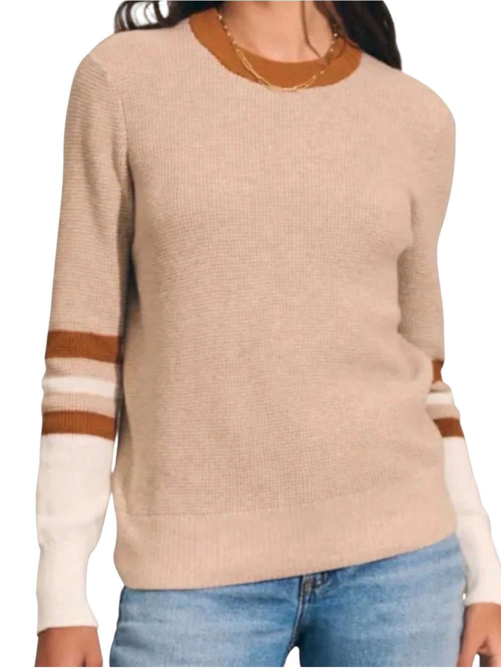 FAHERTY Throwback Crew Neck Waffle Knit Sweater in Tan Oat Varsity Stripe Small - Picture 3 of 11